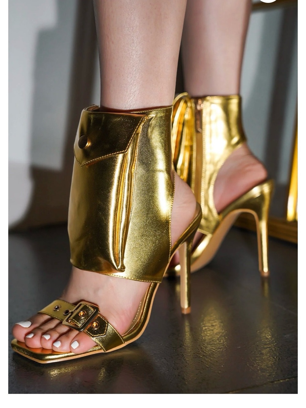 Cape Robbin Eveleen Metallic Pouch Ankle Strap Heels